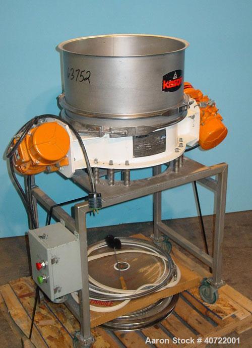 Used Kason Flow Thru Screen Separator, 24" diameter, single deck, 304 stainless steel. 10" deep separation section, 3" deep separation section. 6" bottom outlet, 38" discharge height. Dual 1/3 hp, 3/...