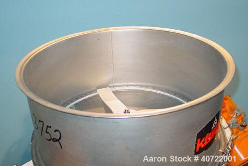 Used Kason Flow Thru Screen Separator, 24" diameter, single deck, 304 stainless steel. 10" deep separation section, 3" deep separation section. 6" bottom outlet, 38" discharge height. Dual 1/3 hp, 3/...