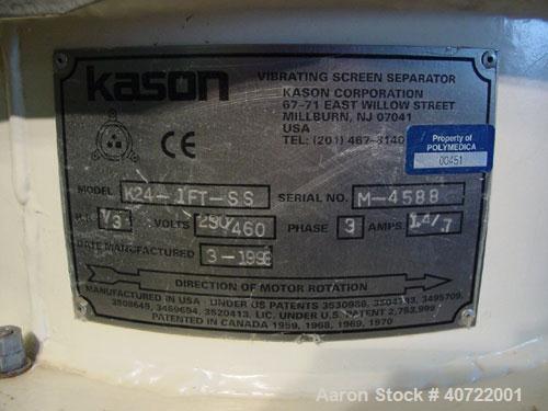 Used Kason Flow Thru Screen Separator, 24" diameter, single deck, 304 stainless steel. 10" deep separation section, 3" deep separation section. 6" bottom outlet, 38" discharge height. Dual 1/3 hp, 3/...