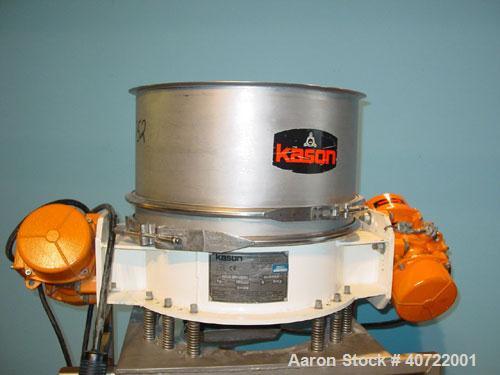 Used Kason Flow Thru Screen Separator, 24" diameter, single deck, 304 stainless steel. 10" deep separation section, 3" deep separation section. 6" bottom outlet, 38" discharge height. Dual 1/3 hp, 3/...