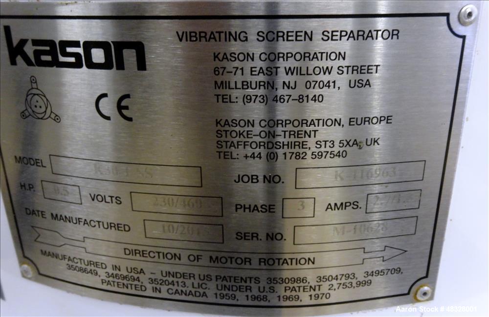 Used- Kason Screener, Model K30-1-SS, 304 Stainless Steel.