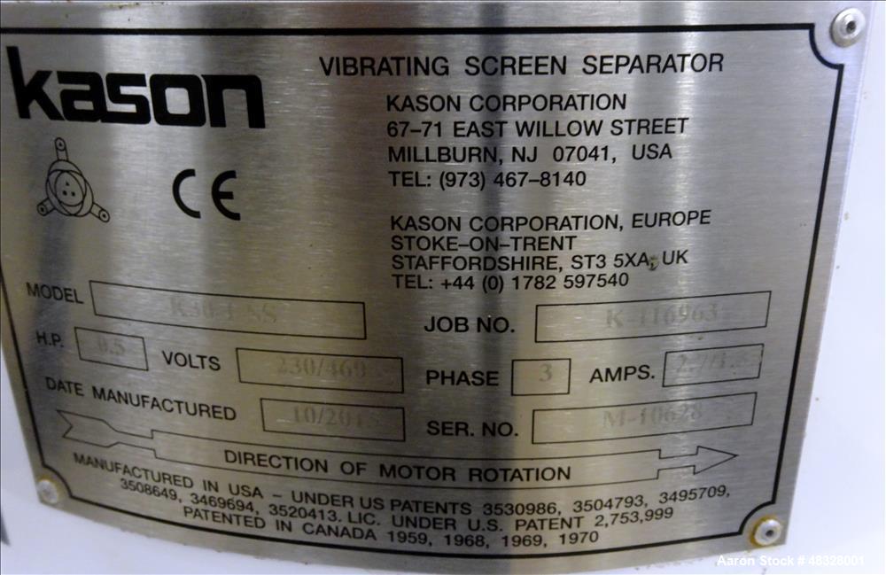 Used Kason Screener, Model K30-1-SS, 304 Stainless Steel.