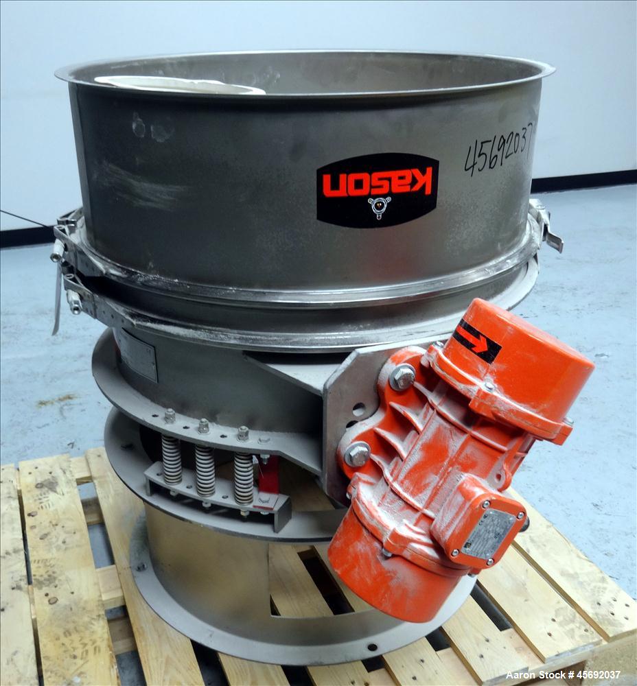 Used Kason Screener/Scalper Model # K30-1FT-SS, 304 Stainless Steel. 30" diameter with a single deck, 1 separation, 10" bottom opening. Driven by 2 .35kw, 230/460 volt, 1200 rpm motors. Serial # M-90...