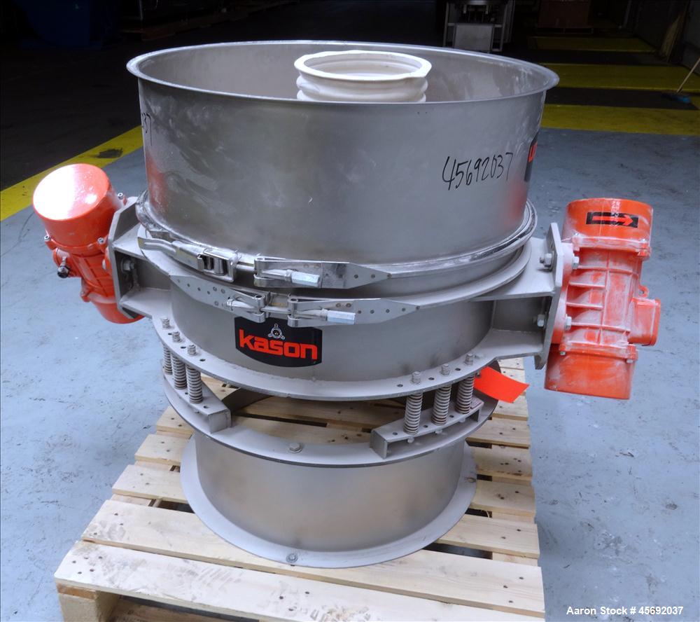 Used Kason Screener/Scalper Model # K30-1FT-SS, 304 Stainless Steel. 30" diameter with a single deck, 1 separation, 10" bottom opening. Driven by 2 .35kw, 230/460 volt, 1200 rpm motors. Serial # M-90...