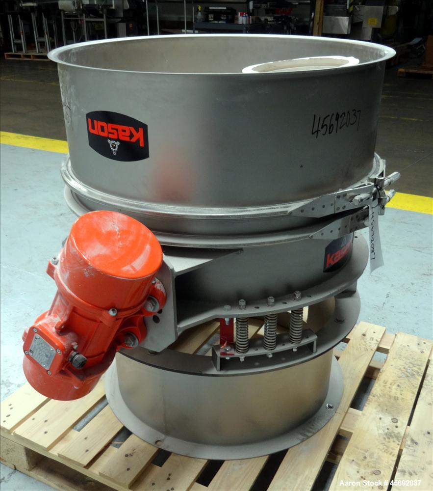 Used Kason Screener/Scalper Model # K30-1FT-SS, 304 Stainless Steel. 30" diameter with a single deck, 1 separation, 10" bottom opening. Driven by 2 .35kw, 230/460 volt, 1200 rpm motors. Serial # M-90...