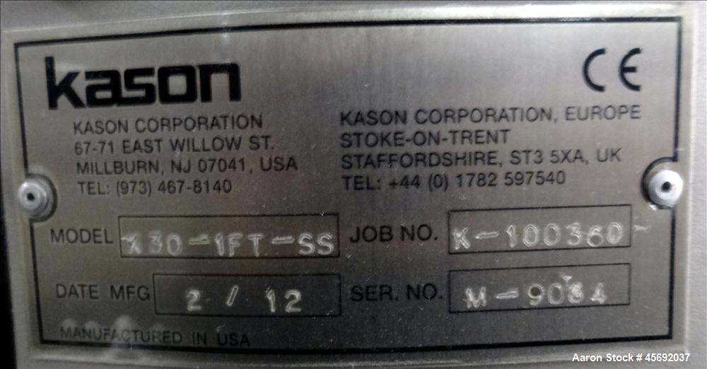 Used Kason Screener/Scalper Model # K30-1FT-SS, 304 Stainless Steel. 30" diameter with a single deck, 1 separation, 10" bottom opening. Driven by 2 .35kw, 230/460 volt, 1200 rpm motors. Serial # M-90...