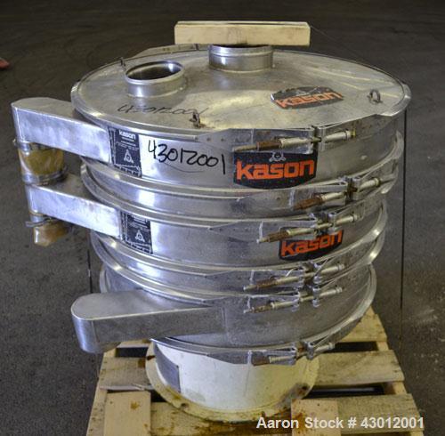 Used Kason Screener, Model K30-2-SS, 304 Stainless Steel. 30" Diameter, double deck, 3 separation. Stainless steel top cover. Driven by a 1/3 hp, 3/60/230/460 volt, 1140 rpm motor. Mounted on a carbo...