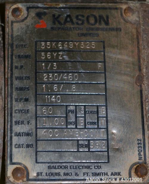 Used Kason Screener, Model K30-2-SS, 304 Stainless Steel. 30" Diameter, double deck, 3 separation. Stainless steel top cover. Driven by a 1/3 hp, 3/60/230/460 volt, 1140 rpm motor. Mounted on a carbo...