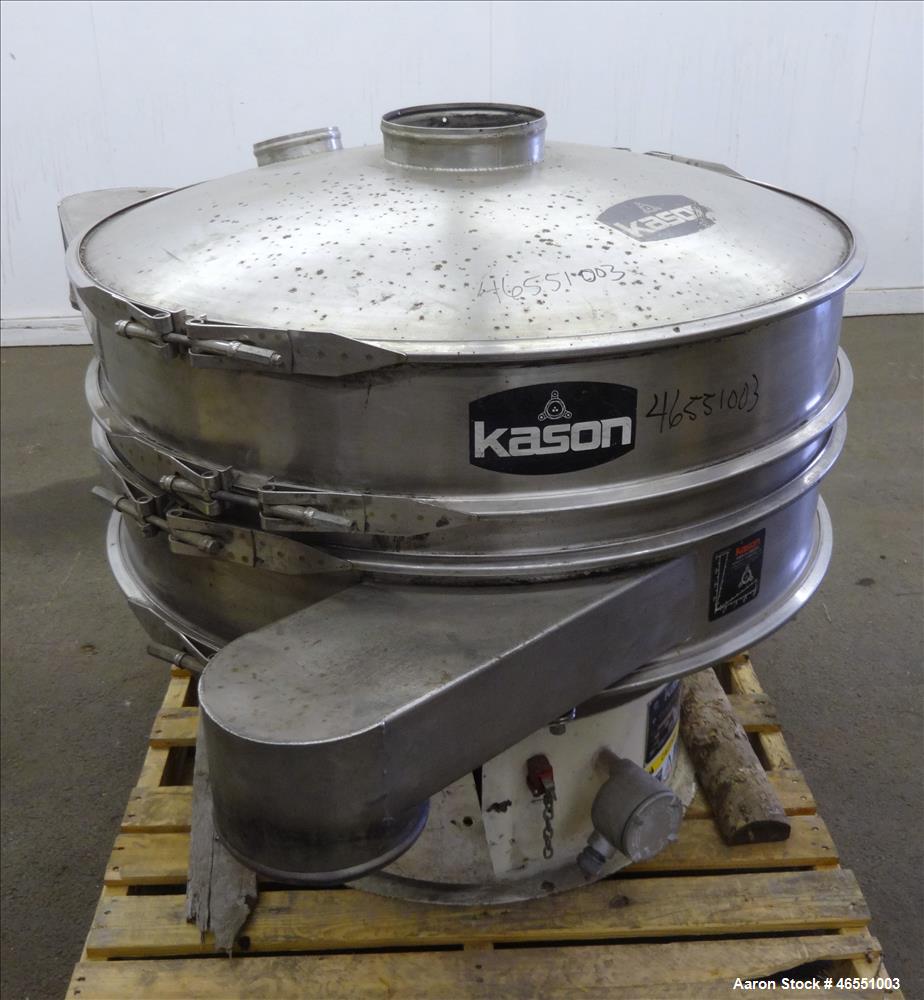Used Kason Screener, Model K40-1-CS/SS, 304 Stainless Steel. 40" Diameter, single deck, 2 separation. Stainless steel top cover. Driven by a 1/3hp, 3/60/575 volt, 1200 rpm motor. Mounted on a carbon ...