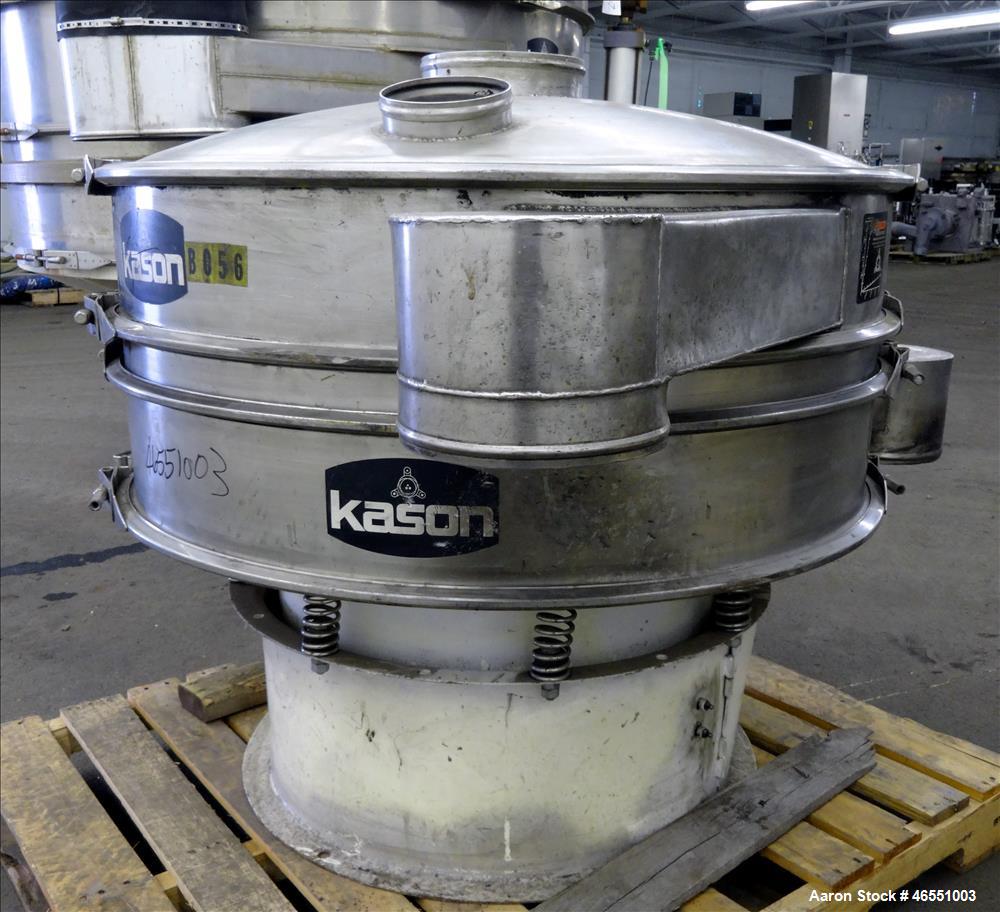 Used Kason Screener, Model K40-1-CS/SS, 304 Stainless Steel. 40" Diameter, single deck, 2 separation. Stainless steel top cover. Driven by a 1/3hp, 3/60/575 volt, 1200 rpm motor. Mounted on a carbon ...