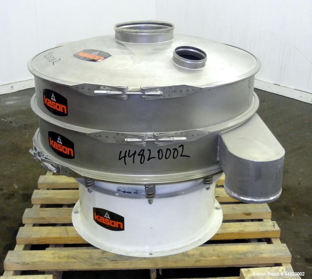 Used Kason Screener, Model K40-1-CS, 304 Stainless Steel. 40" Diameter, single deck, 2 separation. Stainless steel top cover. Driven by a 1/2hp, 3/60/230/460 volt, 1200 rpm motor. Mounted on a carbon...
