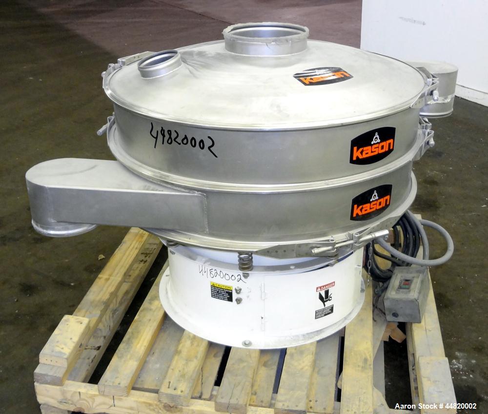Used Kason Screener, Model K40-1-CS, 304 Stainless Steel. 40" Diameter, single deck, 2 separation. Stainless steel top cover. Driven by a 1/2hp, 3/60/230/460 volt, 1200 rpm motor. Mounted on a carbon...