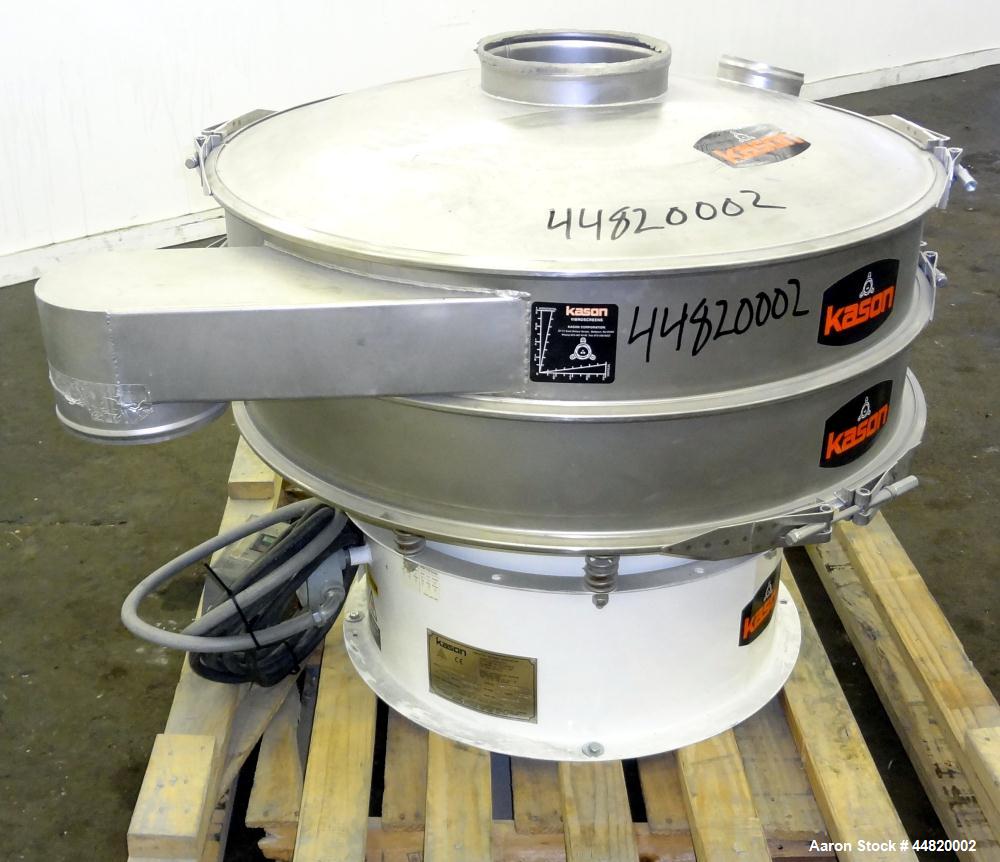 Used Kason Screener, Model K40-1-CS, 304 Stainless Steel. 40" Diameter, single deck, 2 separation. Stainless steel top cover. Driven by a 1/2hp, 3/60/230/460 volt, 1200 rpm motor. Mounted on a carbon...