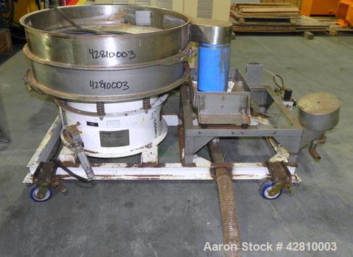 Used Kason Screener, Model K-40-1-SS, 304 Stainless Steel. 40" Diameter, single deck, 2 separation, no top cover. Driven by a 1/2hp, 3/60/230/460 volt, 1200 rpm motor. Mounted on a carbon steel base....