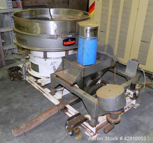 Used Kason Screener, Model K-40-1-SS, 304 Stainless Steel. 40" Diameter, single deck, 2 separation, no top cover. Driven by a 1/2hp, 3/60/230/460 volt, 1200 rpm motor. Mounted on a carbon steel base....