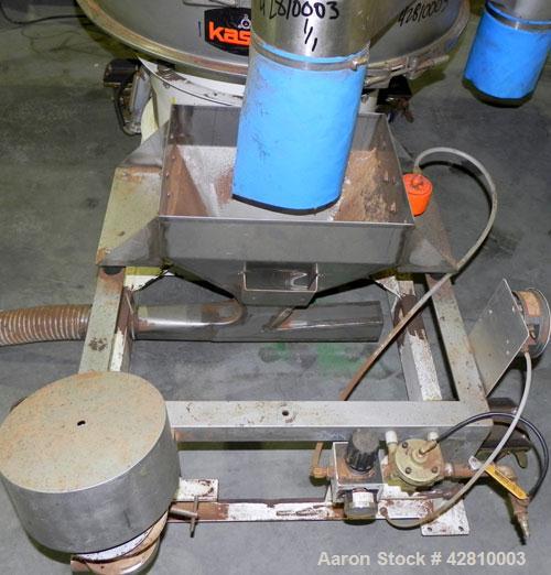 Used Kason Screener, Model K-40-1-SS, 304 Stainless Steel. 40" Diameter, single deck, 2 separation, no top cover. Driven by a 1/2hp, 3/60/230/460 volt, 1200 rpm motor. Mounted on a carbon steel base....