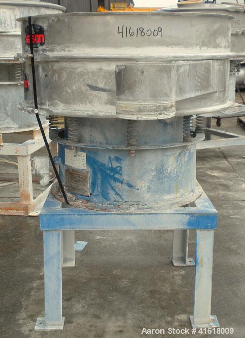 Used Kason Vibrating Screen Separator, Model K40-2-SS, 304 Stainless Steel. 40" diameter, single deck, 2 separation, no top cover. Driven by a 1/3 hp, 3/60/230/460 volt, 1140 rpm motor. Mounted on a ...