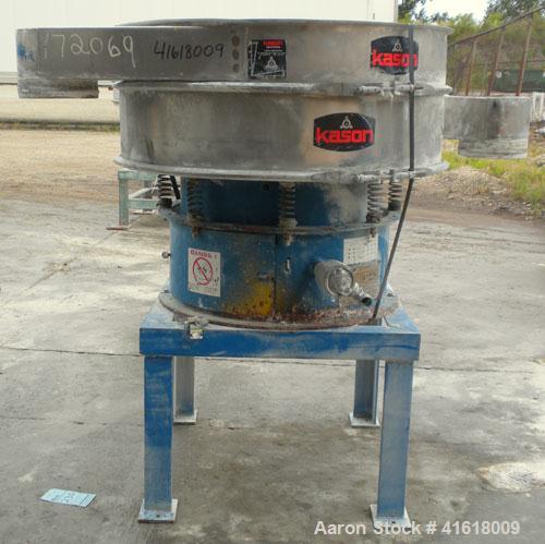 Used Kason Vibrating Screen Separator, Model K40-2-SS, 304 Stainless Steel. 40" diameter, single deck, 2 separation, no top cover. Driven by a 1/3 hp, 3/60/230/460 volt, 1140 rpm motor. Mounted on a ...