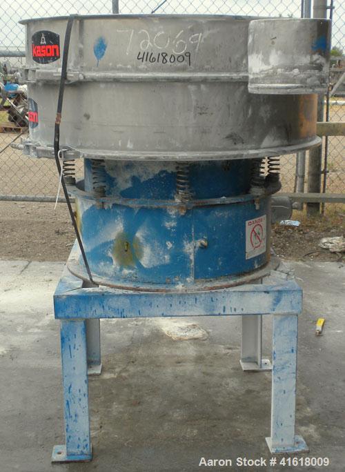 Used Kason Vibrating Screen Separator, Model K40-2-SS, 304 Stainless Steel. 40" diameter, single deck, 2 separation, no top cover. Driven by a 1/3 hp, 3/60/230/460 volt, 1140 rpm motor. Mounted on a ...