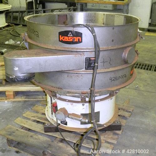Used Kason Screener, Model K-40-2-SS, 304 Stainless Steel. 40" Diameter, double deck, 3 separation, no top cover. Driven by a 1/2hp, 3/60/230/460 volt, 1200 rpm motor. Mounted on a carbon steel base....