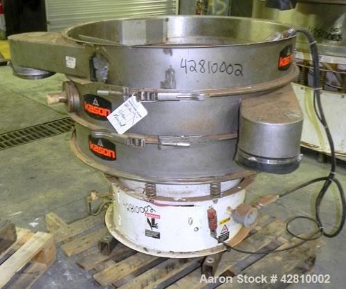 Used Kason Screener, Model K-40-2-SS, 304 Stainless Steel. 40" Diameter, double deck, 3 separation, no top cover. Driven by a 1/2hp, 3/60/230/460 volt, 1200 rpm motor. Mounted on a carbon steel base....