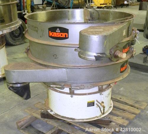 Used Kason Screener, Model K-40-2-SS, 304 Stainless Steel. 40" Diameter, double deck, 3 separation, no top cover. Driven by a 1/2hp, 3/60/230/460 volt, 1200 rpm motor. Mounted on a carbon steel base....