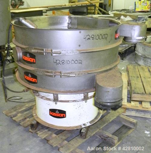 Used Kason Screener, Model K-40-2-SS, 304 Stainless Steel. 40" Diameter, double deck, 3 separation, no top cover. Driven by a 1/2hp, 3/60/230/460 volt, 1200 rpm motor. Mounted on a carbon steel base....