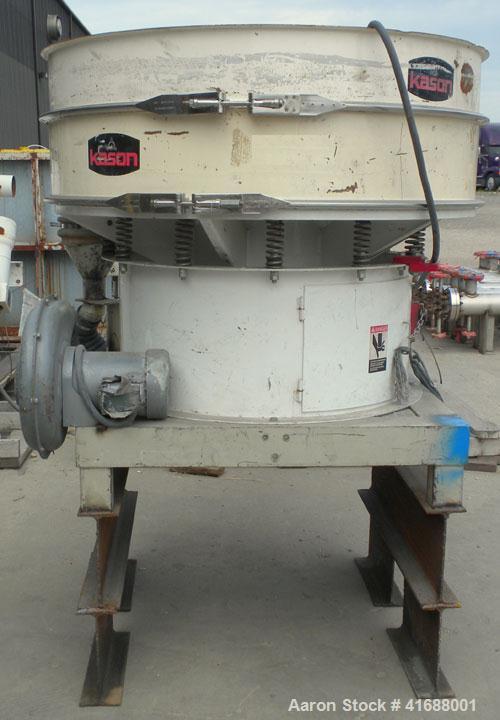 Used Kason Vibratory Separator, model K48-1-CS, carbon steel. 48" diameter, single deck, 2 separation. No top cover. Driven by a 1 hp, 3/60/230/460 volt motor.  Mounted on a carbon steel I-beam base.