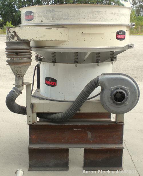 Used Kason Vibratory Separator, model K48-1-CS, carbon steel. 48" diameter, single deck, 2 separation. No top cover. Driven by a 1 hp, 3/60/230/460 volt motor.  Mounted on a carbon steel I-beam base.