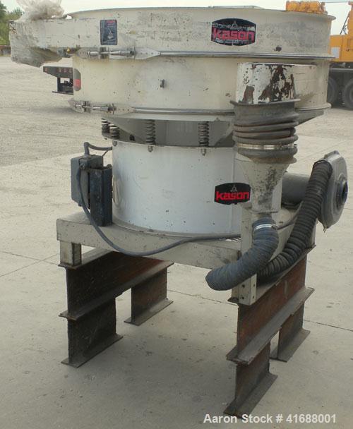 Used Kason Vibratory Separator, model K48-1-CS, carbon steel. 48" diameter, single deck, 2 separation. No top cover. Driven by a 1 hp, 3/60/230/460 volt motor.  Mounted on a carbon steel I-beam base.