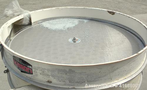 Used Kason Vibratory Separator, model K48-1-CS, carbon steel. 48" diameter, single deck, 2 separation. No top cover. Driven by a 1 hp, 3/60/230/460 volt motor.  Mounted on a carbon steel I-beam base.