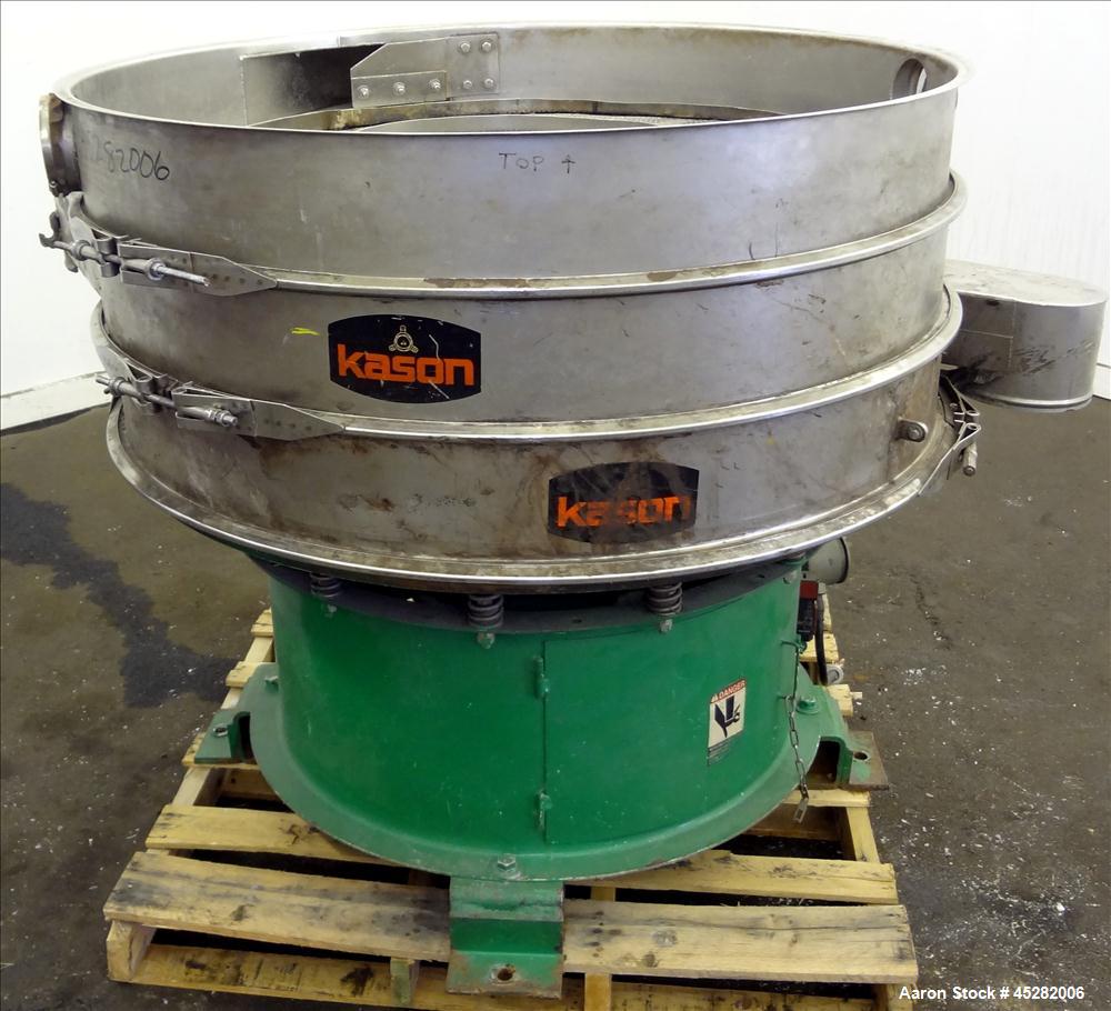 Used Kason Screener, Model K48-1-SS, 304 Stainless Steel. 48" Diameter, double deck, 3 separation, no cover. Driven by 2.5hp, 3/60/230/460 volt, 1200 rpm motor. Mounted on a carbon steel base. Serial...