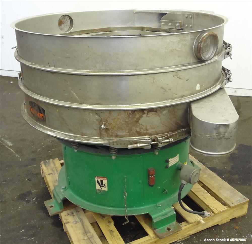 Used Kason Screener, Model K48-1-SS, 304 Stainless Steel. 48" Diameter, double deck, 3 separation, no cover. Driven by 2.5hp, 3/60/230/460 volt, 1200 rpm motor. Mounted on a carbon steel base. Serial...