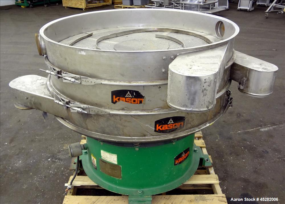 Used Kason Screener, Model K48-1-SS, 304 Stainless Steel. 48" Diameter, double deck, 3 separation, no cover. Driven by 2.5hp, 3/60/230/460 volt, 1200 rpm motor. Mounted on a carbon steel base. Serial...