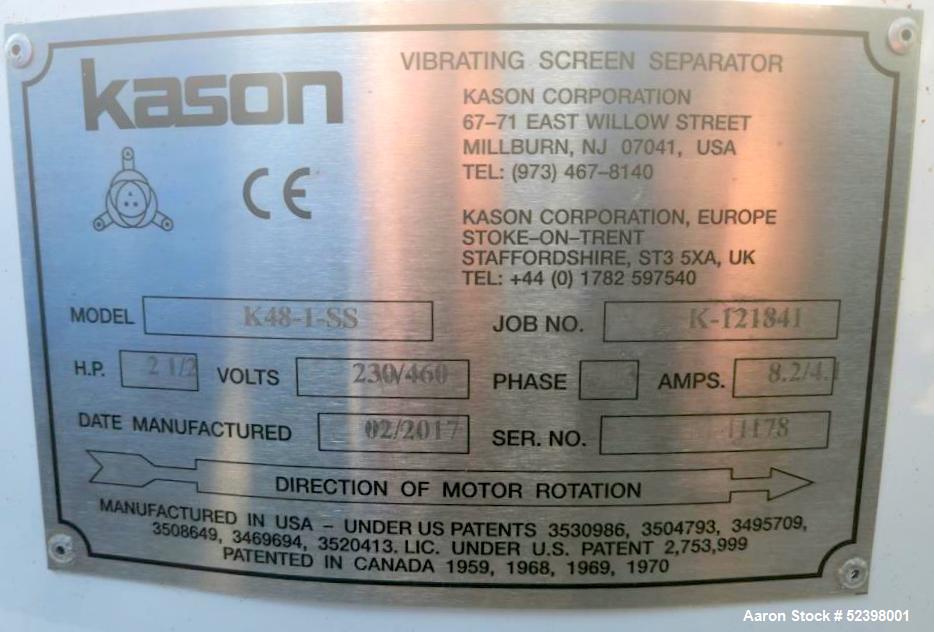 Kason Vibrating Screen Separator, Model K48-1-SS