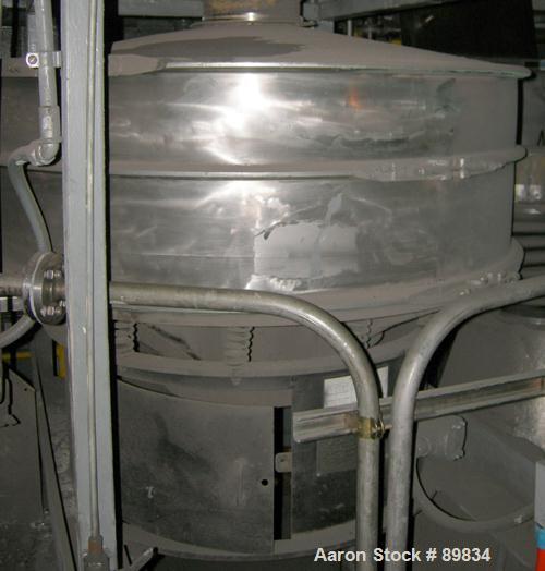 USED: Kason screener, model K48-1-SS, stainless steel. 48" diameter, single deck, 2 separation with top cover. Driven by a 1 hp, 3/60/230/460 volt motor. Mounted on a carbon steel frame.
