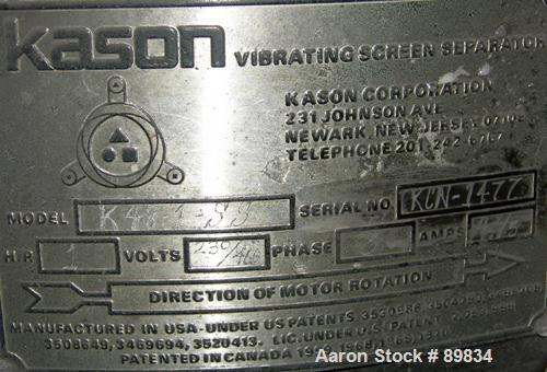 USED: Kason screener, model K48-1-SS, stainless steel. 48" diameter, single deck, 2 separation with top cover. Driven by a 1 hp, 3/60/230/460 volt motor. Mounted on a carbon steel frame.