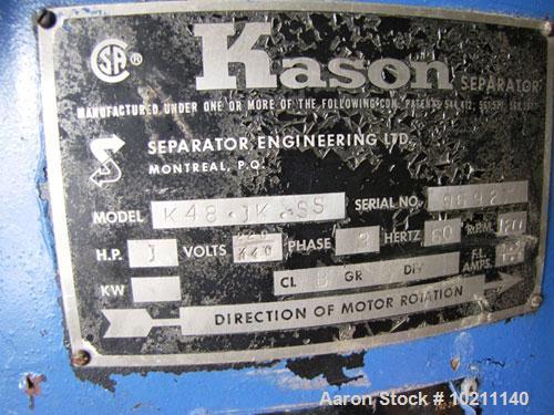 Used Kason Screener, 48" Diameter, Model K48-1K-SS, stainless steel.Double deck, single separation.No top cover.Driven by a 1 hp, 3/60/220/440 volt, 1200 rpm motor.Mounted on a carbon steel base on l...