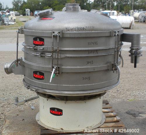 Used Kason Vibrating Screener, Model K48-1PS-SS, 304 Stainless Steel. 48" Diameter, single deck, 2 separation. Stainless steel top cover. Driven by a 2.5 hp, 3/60/230/460 volt motor. Mounted on a car...