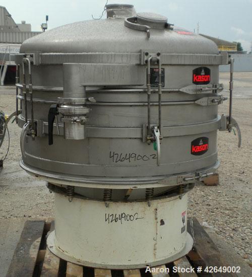 Used Kason Vibrating Screener, Model K48-1PS-SS, 304 Stainless Steel. 48" Diameter, single deck, 2 separation. Stainless steel top cover. Driven by a 2.5 hp, 3/60/230/460 volt motor. Mounted on a car...