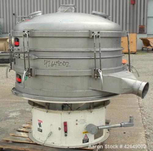 Used Kason Vibrating Screener, Model K48-1PS-SS, 304 Stainless Steel. 48" Diameter, single deck, 2 separation. Stainless steel top cover. Driven by a 2.5 hp, 3/60/230/460 volt motor. Mounted on a car...