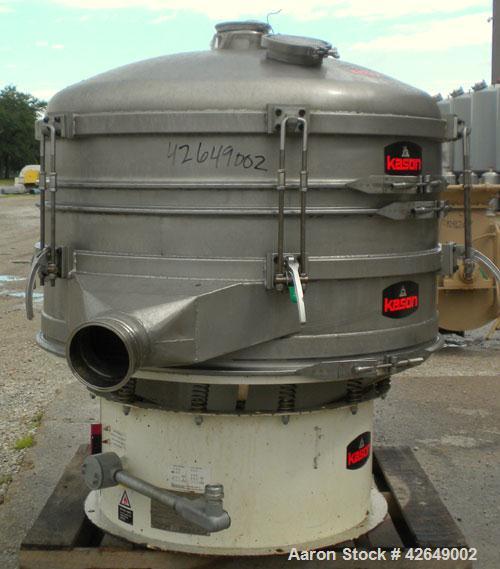 Used Kason Vibrating Screener, Model K48-1PS-SS, 304 Stainless Steel. 48" Diameter, single deck, 2 separation. Stainless steel top cover. Driven by a 2.5 hp, 3/60/230/460 volt motor. Mounted on a car...
