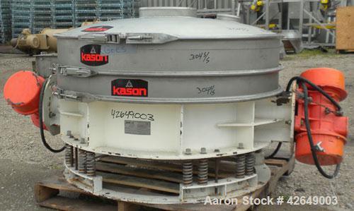 Used Kason Flo-Thru Vibrating Screener, Model K48-FT-SS, 304 Stainless Steel. 48" Diameter, single deck, 2 separation. Stainless steel top cover. Driven by (2) .91 hp, 3/60/230/460 volt, 1200 rpm gyr...