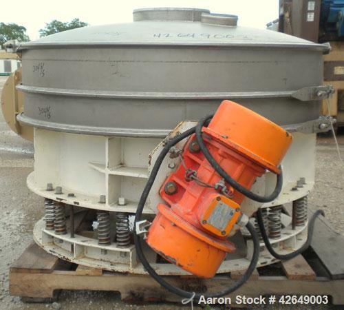 Used Kason Flo-Thru Vibrating Screener, Model K48-FT-SS, 304 Stainless Steel. 48" Diameter, single deck, 2 separation. Stainless steel top cover. Driven by (2) .91 hp, 3/60/230/460 volt, 1200 rpm gyr...