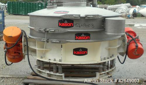 Used Kason Flo-Thru Vibrating Screener, Model K48-FT-SS, 304 Stainless Steel. 48" Diameter, single deck, 2 separation. Stainless steel top cover. Driven by (2) .91 hp, 3/60/230/460 volt, 1200 rpm gyr...