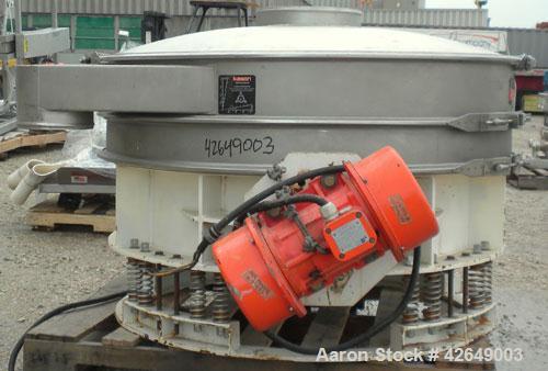 Used Kason Flo-Thru Vibrating Screener, Model K48-FT-SS, 304 Stainless Steel. 48" Diameter, single deck, 2 separation. Stainless steel top cover. Driven by (2) .91 hp, 3/60/230/460 volt, 1200 rpm gyr...