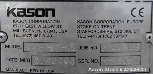 Used Kason Flo-Thru Vibrating Screener, Model K48-FT-SS, 304 Stainless Steel. 48" Diameter, single deck, 2 separation. Stainless steel top cover. Driven by (2) .91 hp, 3/60/230/460 volt, 1200 rpm gyr...