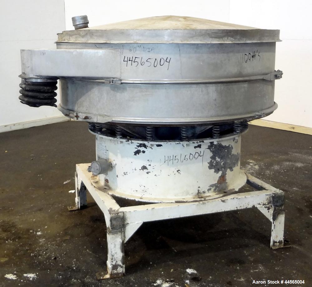 Used Kason Screener, Model K60-1-SS, 304 Stainless Steel. 60" Diameter, single deck, 2 separation. Stainless steel top cover. Driven by a 1hp, 3/60/230/460 volt motor. Mounted on a carbon steel base ...