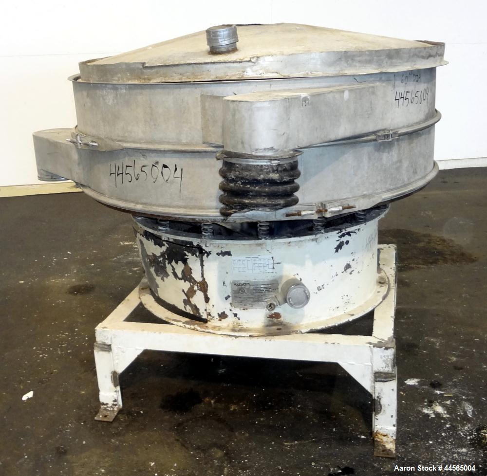 Used Kason Screener, Model K60-1-SS, 304 Stainless Steel. 60" Diameter, single deck, 2 separation. Stainless steel top cover. Driven by a 1hp, 3/60/230/460 volt motor. Mounted on a carbon steel base ...