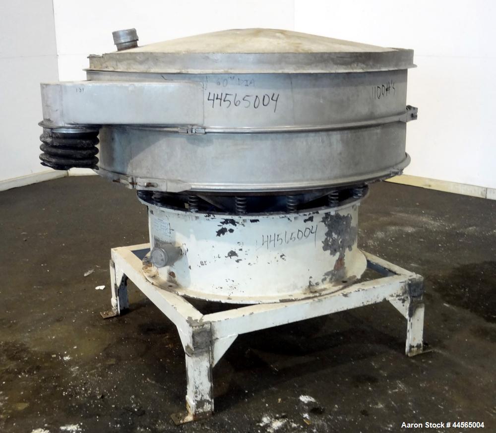 Used Kason Screener, Model K60-1-SS, 304 Stainless Steel. 60" Diameter, single deck, 2 separation. Stainless steel top cover. Driven by a 1hp, 3/60/230/460 volt motor. Mounted on a carbon steel base ...